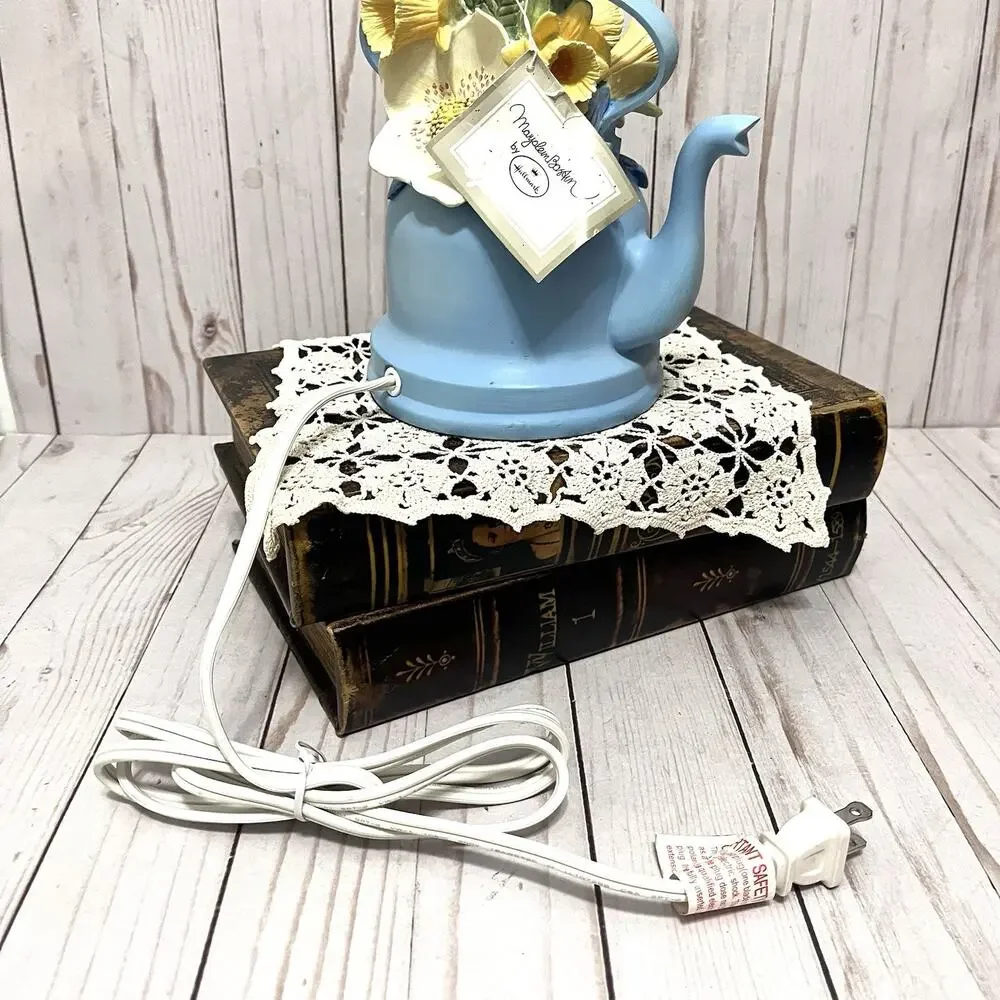 Marjolein Bastin Blue Floral Teapot Table Lamp w Shade, Ceramic Novelty Design